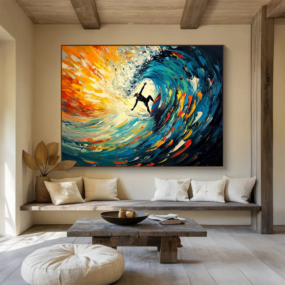 “Surfing The Color Wave” - Blue, Orange, Surfing Oil Painting On Canvas HB0722