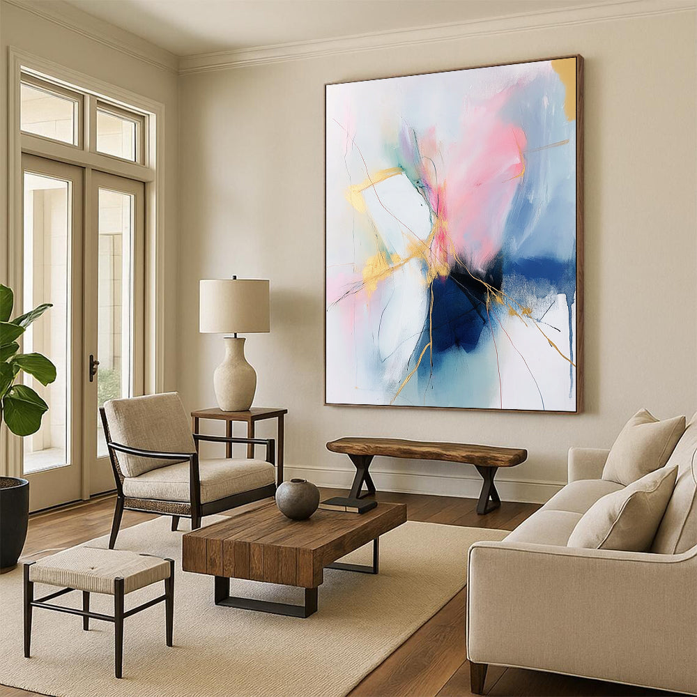 Large contemporary hand-painted abstract art featuring soft pink and blue tones with gold accents on a white background, creating an atmospheric and fluid composition. DLZ0806