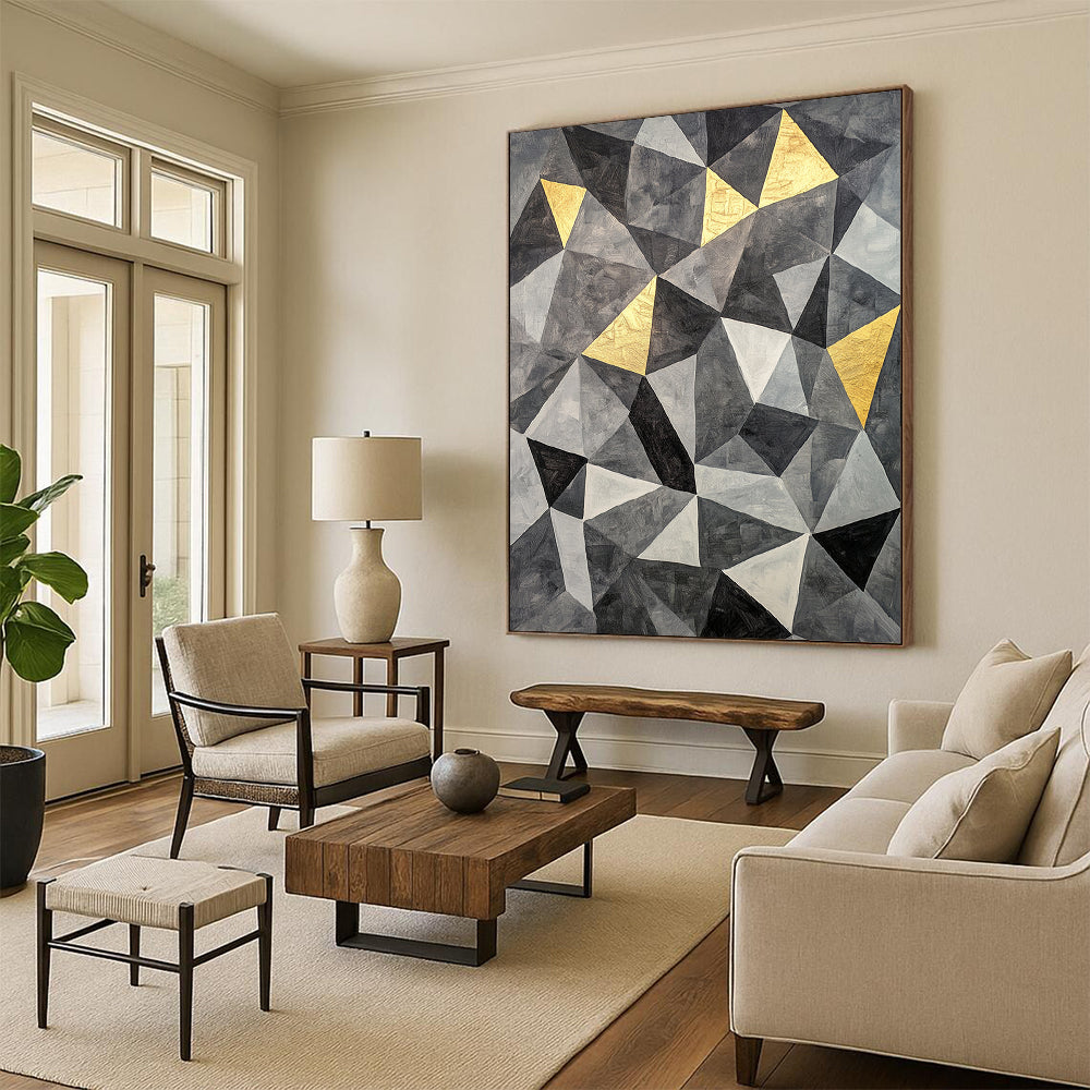 Gray, Black, White and Gold Geometric Triangles "Golden Geometry" Painting On Canvas HB363