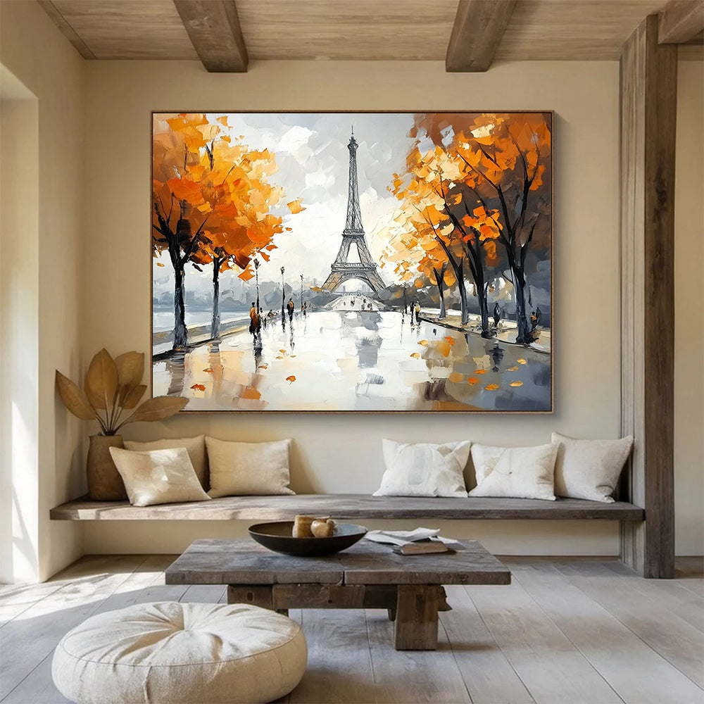 Gray, Orange, Blue and White Eiffel Tower Scene "Parisian Autumn" Painting On Canvas HB0665