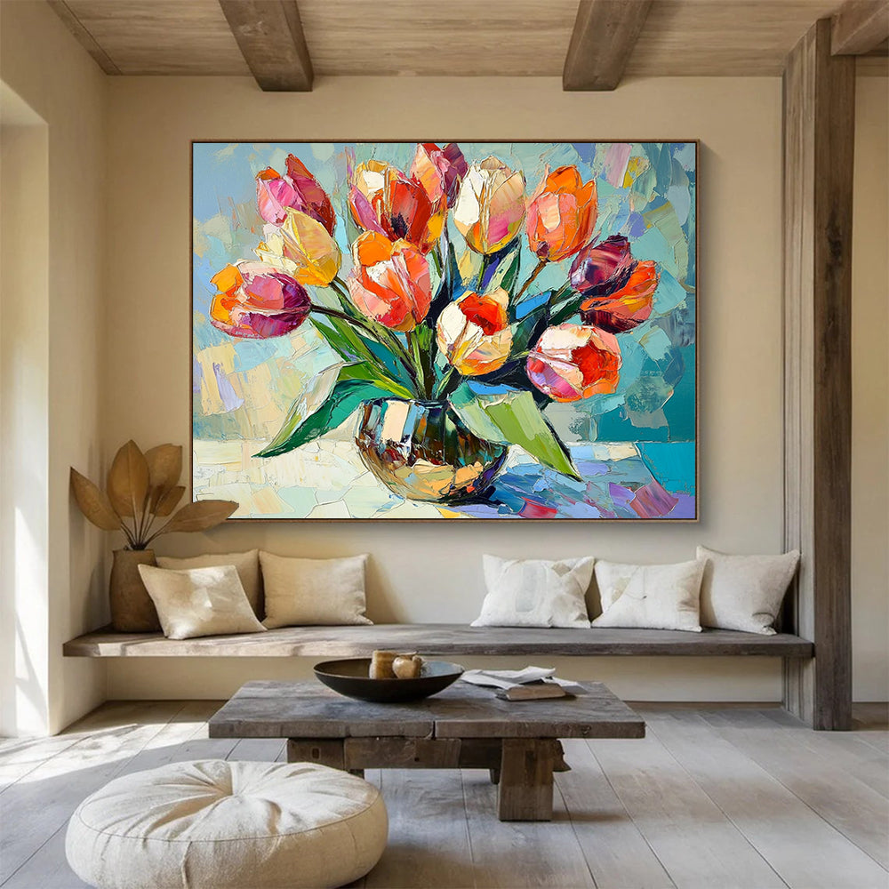 “Colorful Tulip Vase” - Vivid Oranges, Pinks, Purples, Lively Tulip Arrangement - Cubist - Inspired Oil Painting HB1723