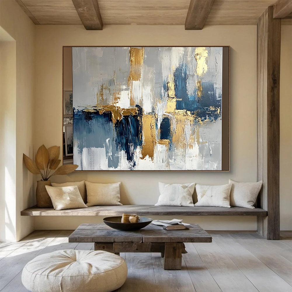 “Abstract Gold - Blue - Gray Cityscape” - Gold, Blue, Gray, White, Urban Shapes Painting On Canvas HB0818