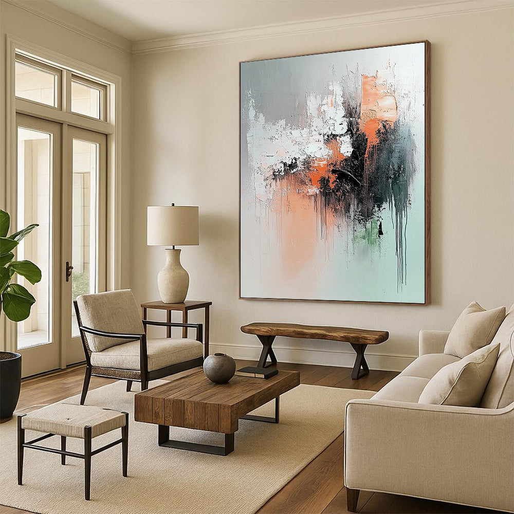 Contemporary abstract painting features soft gray peach and black colors with a serene explosion of dark green rust orange and brown elements. DLZ1054