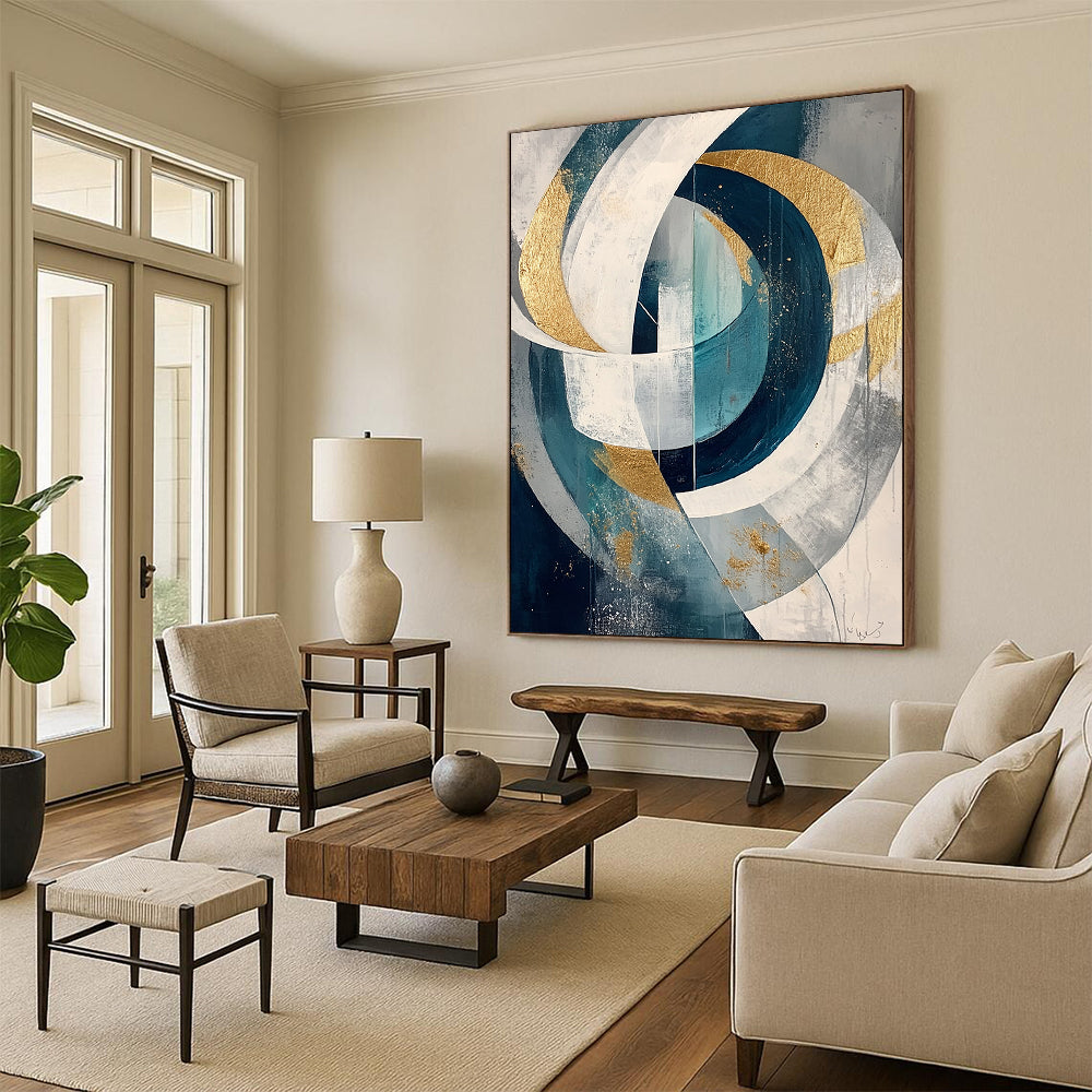 Teal, White, Gray and Gold Intertwined Circles "Celestial Loops" Painting On Canvas HB320