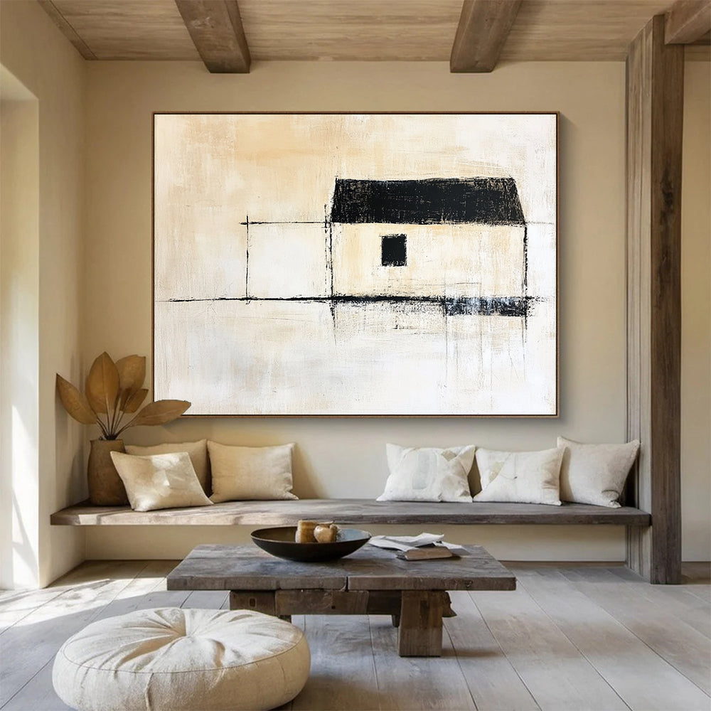 Minimalist Black - and - White House Silhouette – Abstract Acrylic Architectural Painting HB1468