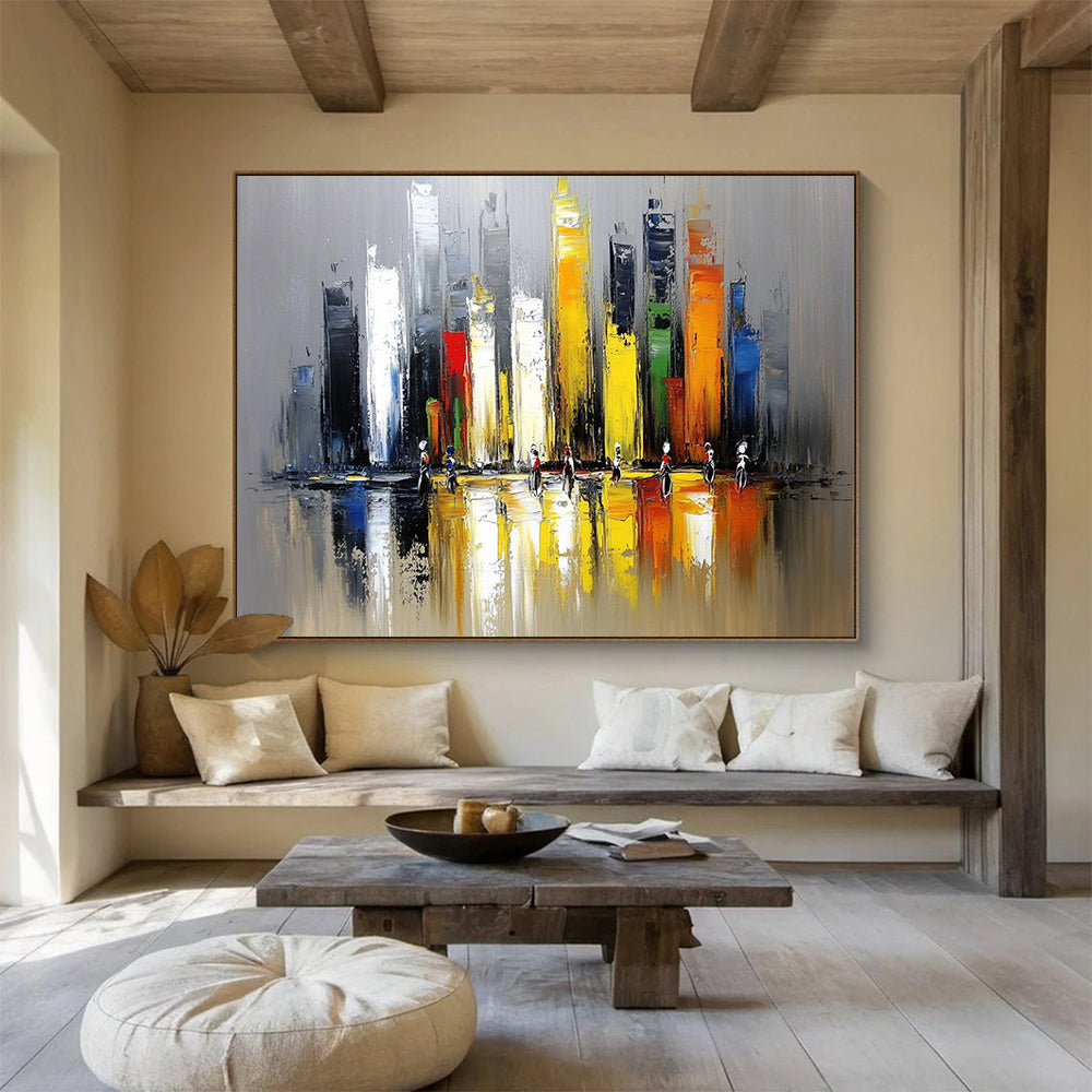 “Vibrant Cityscape with Figures” - Gray, Yellow, Red, Blue, Colorful Urban Scene - Impasto Acrylic Painting HB1669