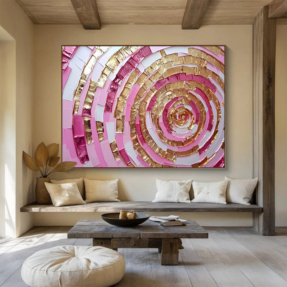 “Pink and Gold Spiral” - Shades of Pink, Gold, White, Layered Spiral Pattern - Mixed - Media Collage HB1727