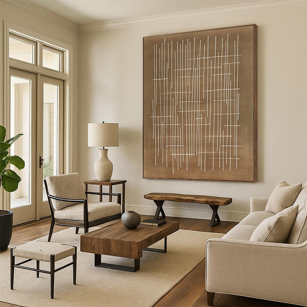 Contemporary abstract artwork featuring geometric patterns with white lines on a brown background inspired by Japanese calligraphy and Paul Klee's style. DLZ1159