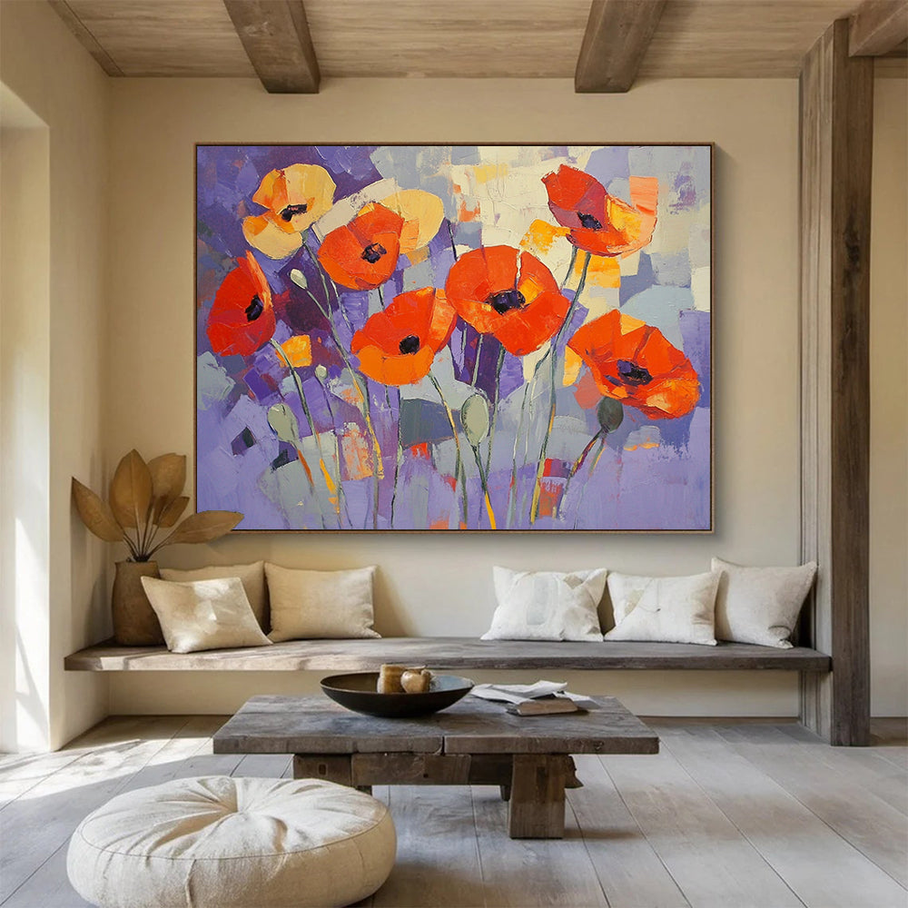 “Purple Poppy Patch” - Purple, Orange, Abstract Flowers - Cubist Oil Painting HB1488