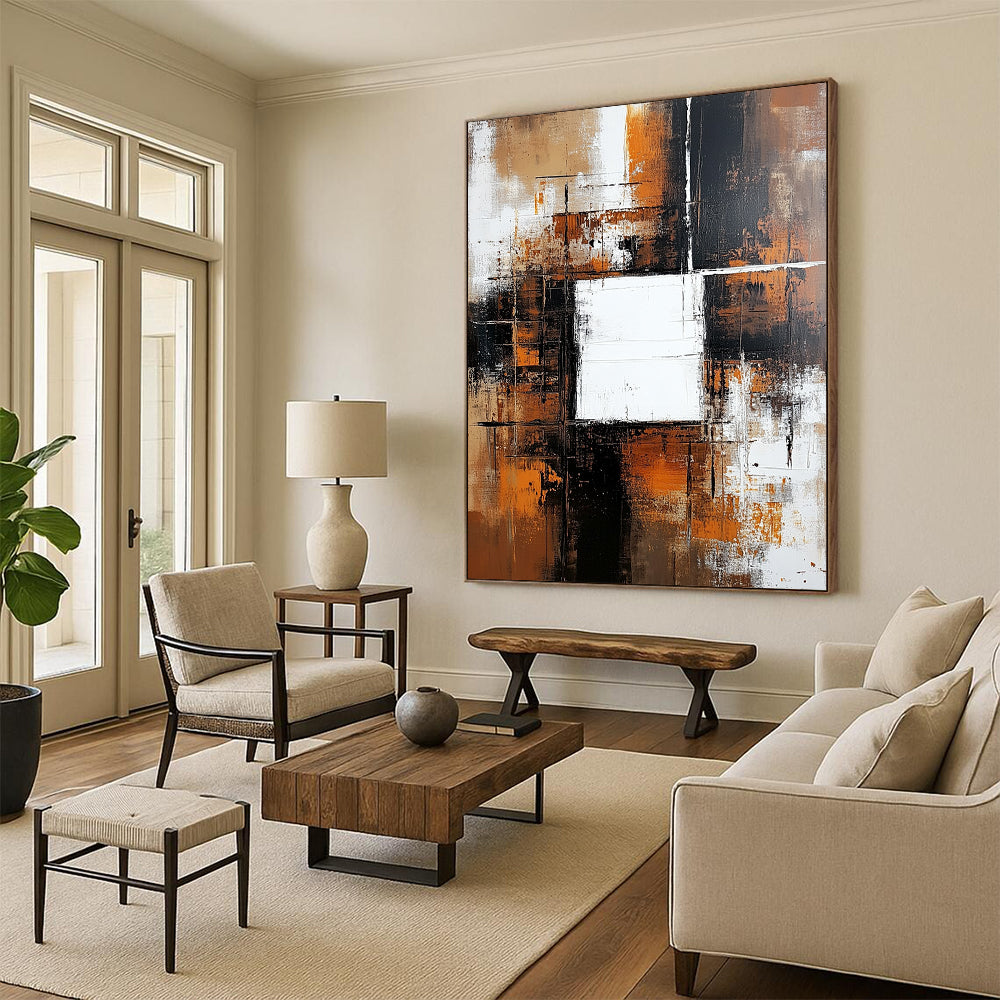 Contemporary hand-painted abstract artwork features a brown and white background with color blocks, a central white square, dark orange accents, and neutral tones. DLZ0701