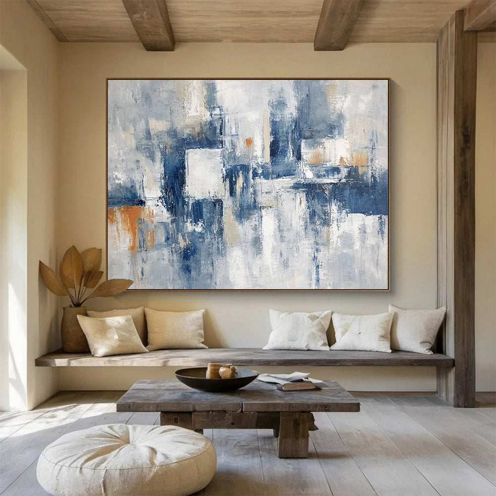“Gray - Blue Abstract with Orange Accents” - Gray, Blue, White, Orange, Abstract Shapes Painting On Canvas HB0834