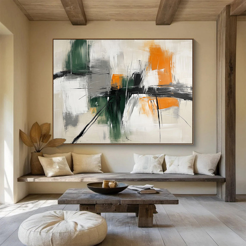 “Green and Orange Interplay” - Green, Orange, Gray, White, Abstract Strokes - Abstract Cubist - Inspired Acrylic Painting HB1552