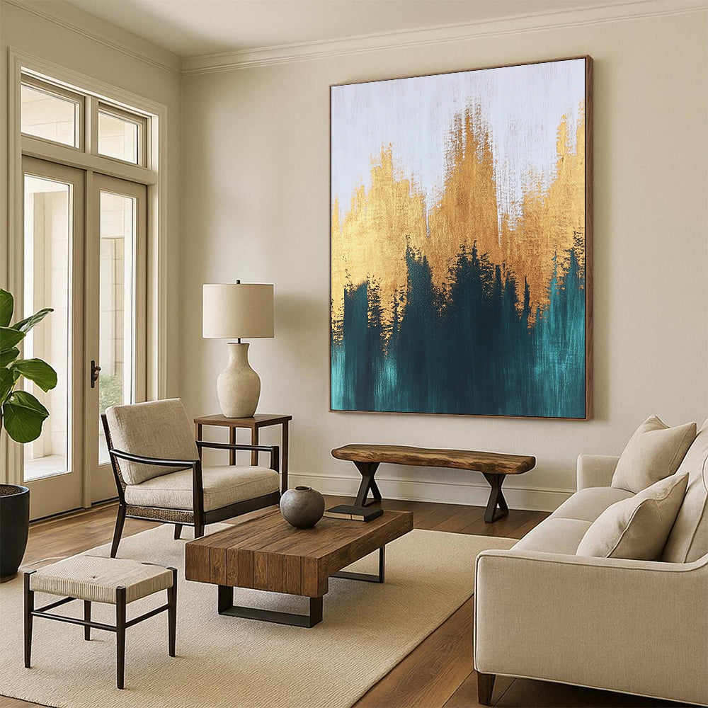 Contemporary abstract painting with textured brush strokes featuring gold and teal hues creating a serene and balanced composition on a large canvas. DLZ0388