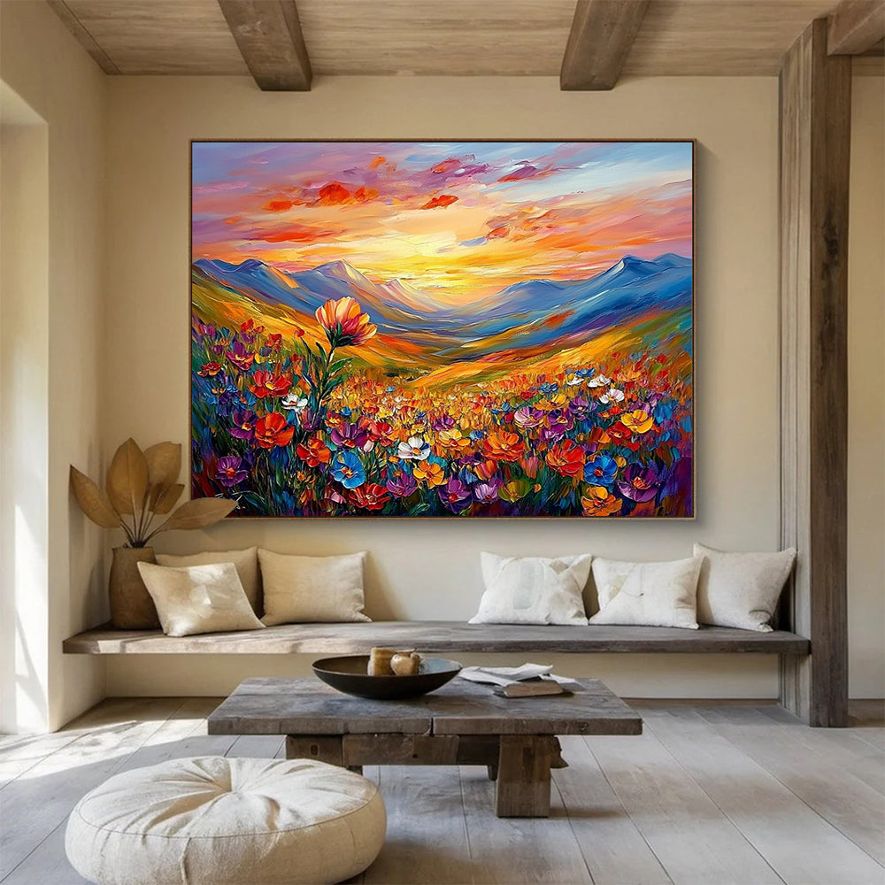 “Sunset Mountain Flower View” - Colorful, Mountains, Flowers, Sunset Painting On Canvas HB0748