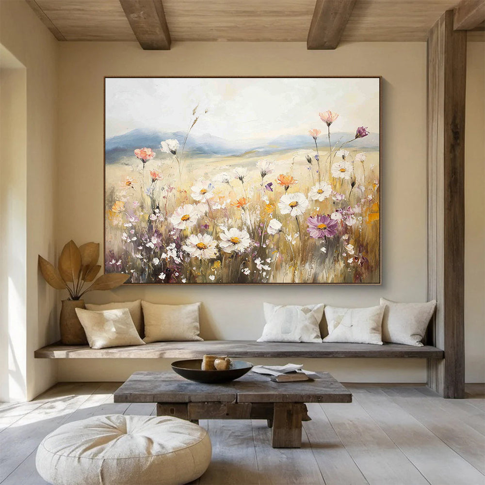 “Pastel Wildflower Field” - Soft - hued wildflowers in a meadow, Impressionist Landscape Painting On Canvas HB0546