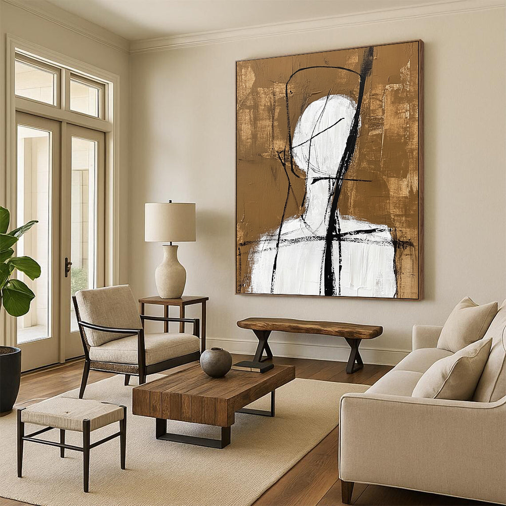 Contemporary abstract artwork featuring a simple white figure with black lines and a warm brown background inspired by Jean Cocteau's style. DLZ1463