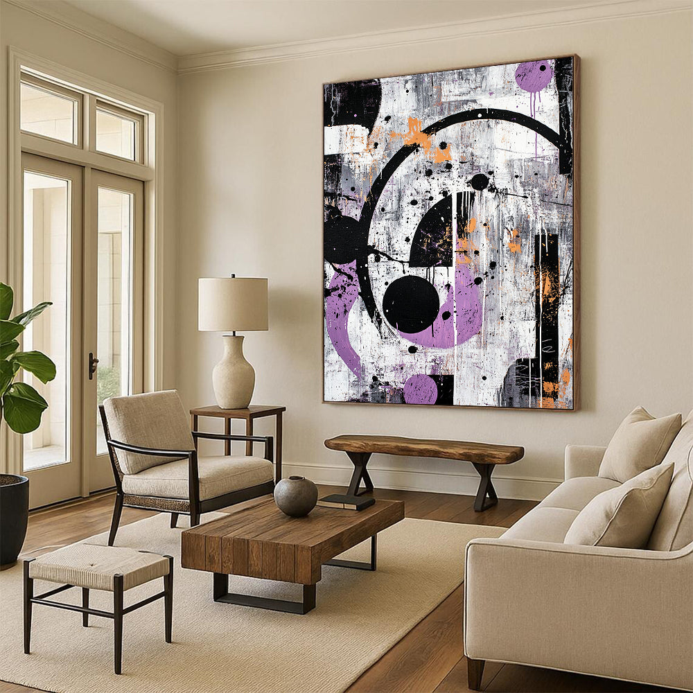 Gray, Purple, Orange, Black, Circular Chaos "Industrial Cosmos" Abstract Expressionist Painting On Canvas HB088