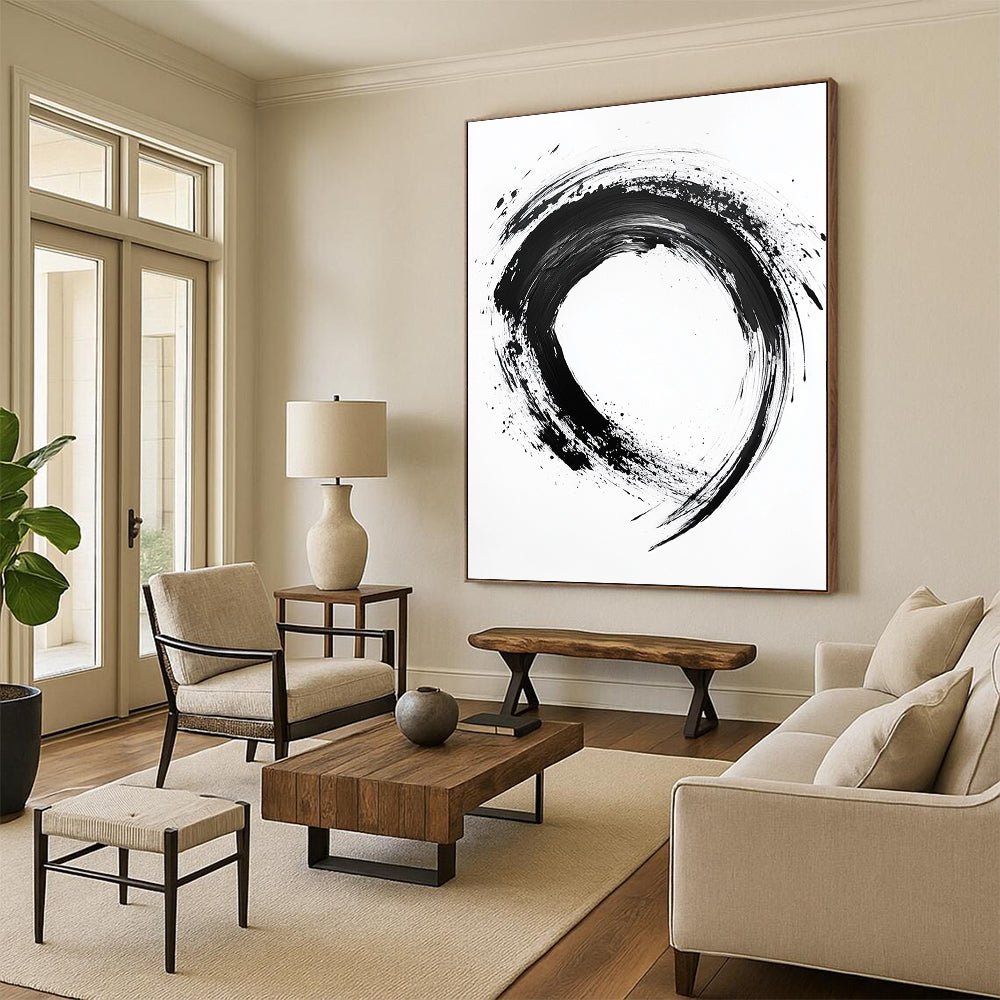 Black Textured Circular Ink - “Smooth Enso Flow” Painting On Canvas HB233