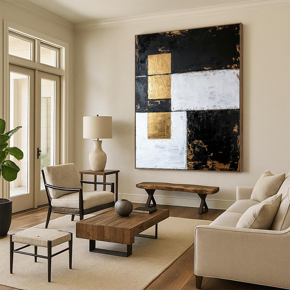 Black, White, Gold, Patchwork Squares "Gilded Fragmented Squares" Abstract Modernist Painting On Canvas HB158
