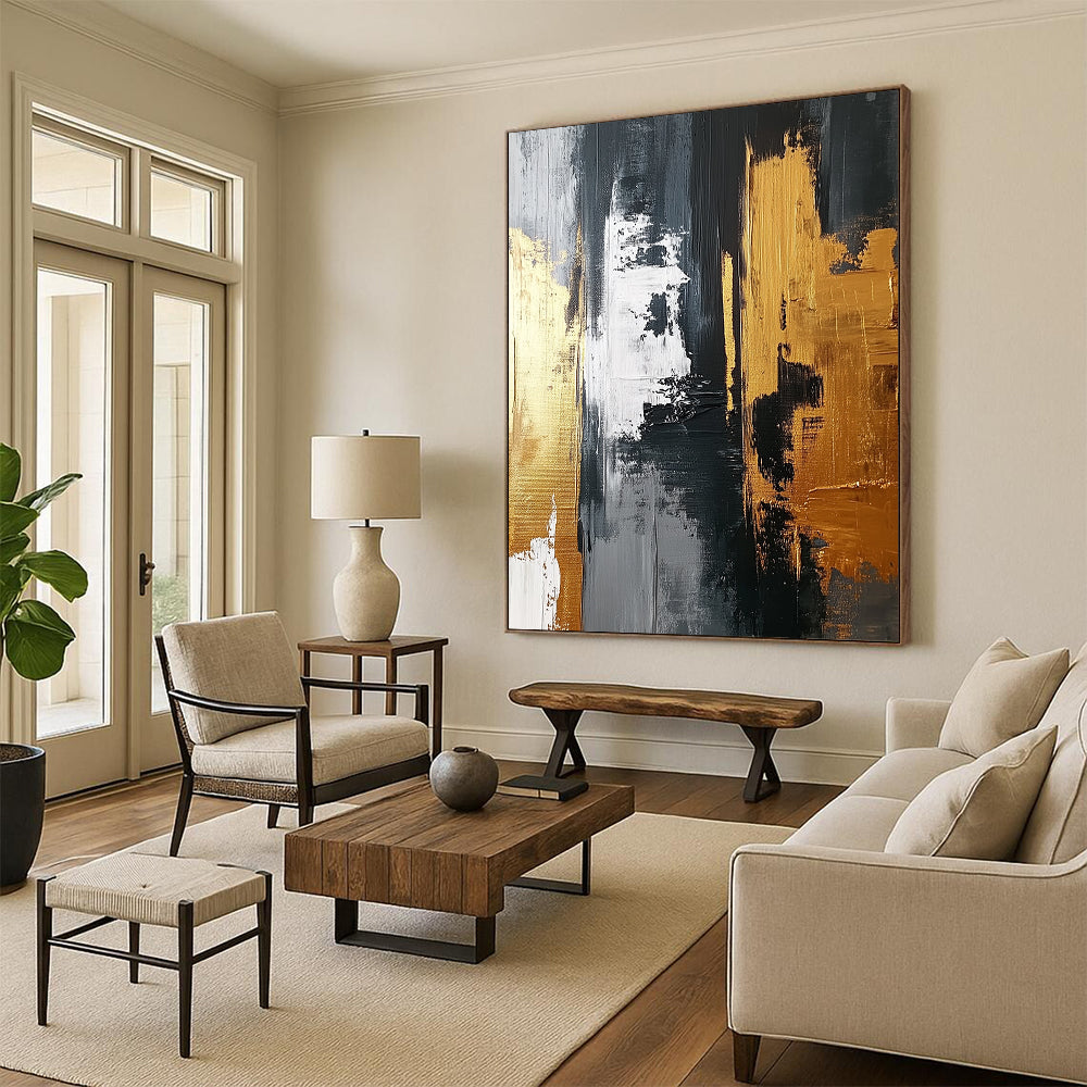 Abstract artwork featuring a gold and gray palette with bold brush strokes and white highlights on a dark gray background, emphasizing texture and dynamic design. DLZ0705