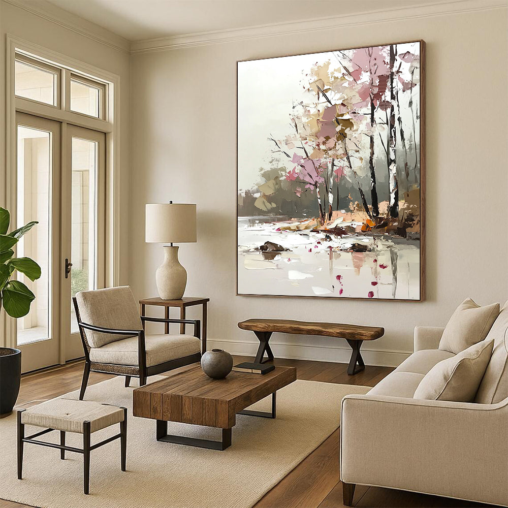 Contemporary abstract art features a soft palette knife technique with light pink and beige tones, showcasing trees by the river in a dreamy, blurred style. DLZ1113