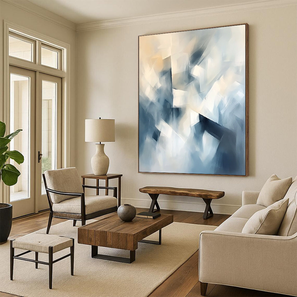Contemporary abstract painting featuring soft shapes and forms in light blue and white with geometric elements and a dreamlike atmosphere. DLZ0643