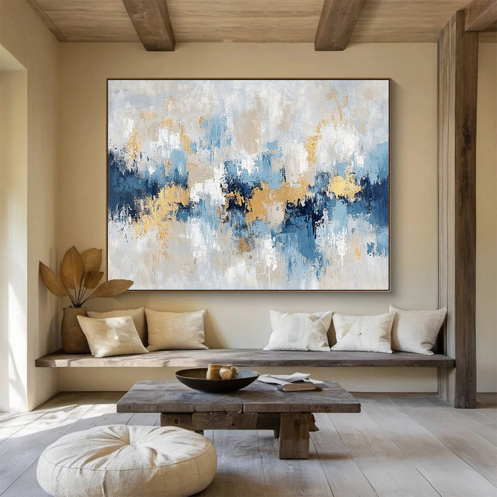 “Soft Gold - Blue - Gray Abstract Landscape” - Gold, Blue, Gray, White, Beige, Gentle Shapes Painting On Canvas HB0822