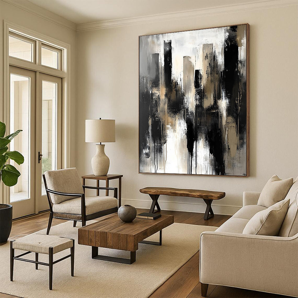 Contemporary abstract painting featuring dark gray tones large brush strokes muted neutral colors and a sense of urban melancholy and isolation. DLZ0313