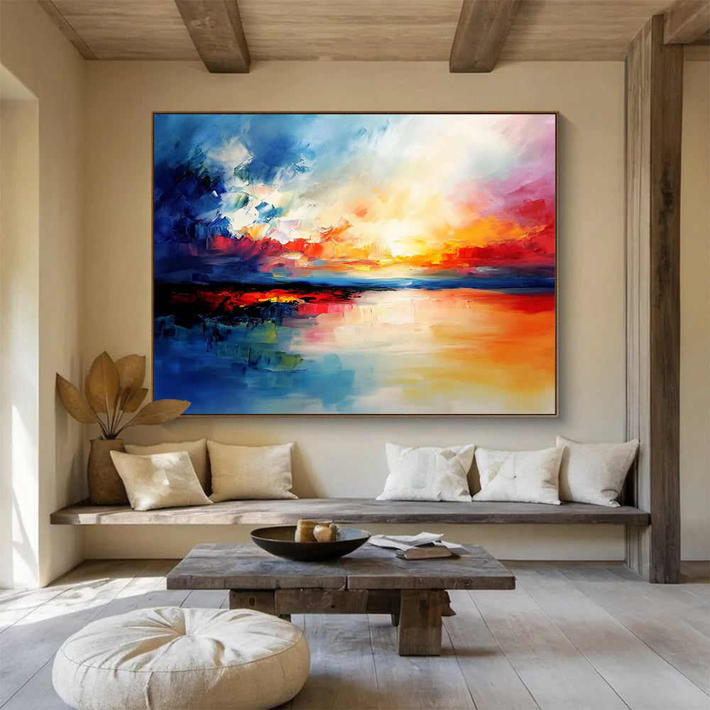 “Vibrant Sunset Sky” - Blue, Red, Orange, Fiery Skies and Reflective Water Painting On Canvas HB0928