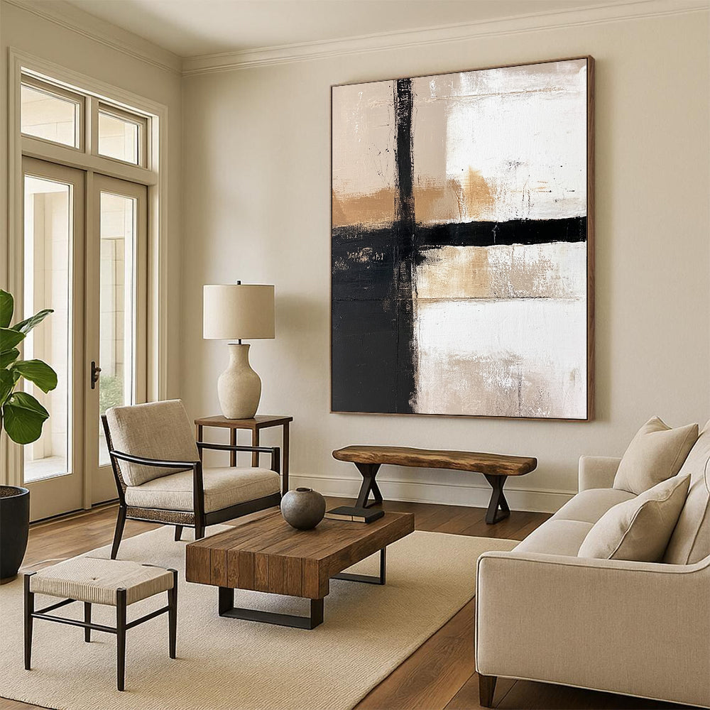 Contemporary hand-painted abstract artwork featuring a white background, bold black lines, and striking brown and beige color blocks. DLZ1650