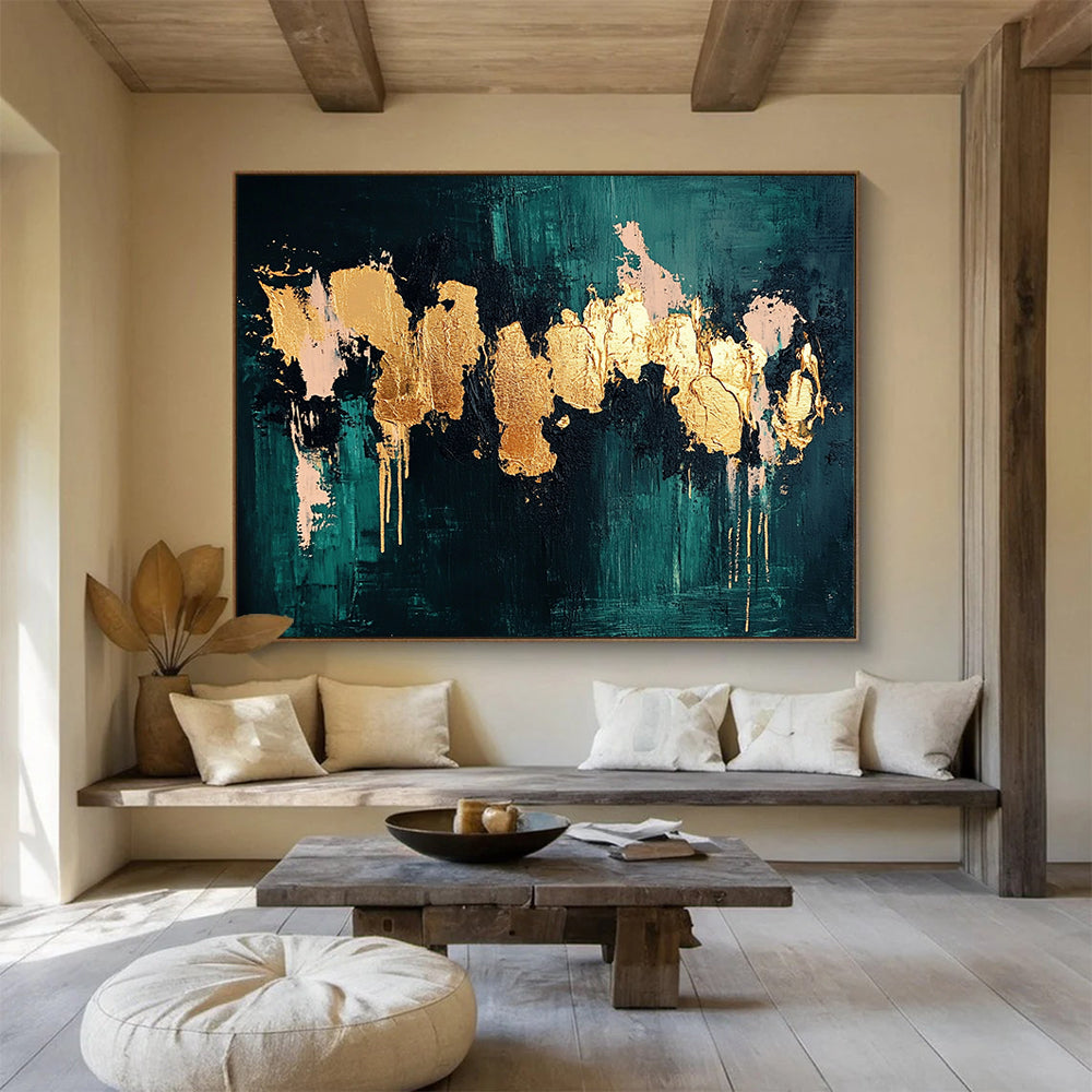 “Teal and Gold Abstract Drip” - Teal, gold, pink; Abstract drip painting with gold and pink; Acrylic Painting On Canvas HB1245