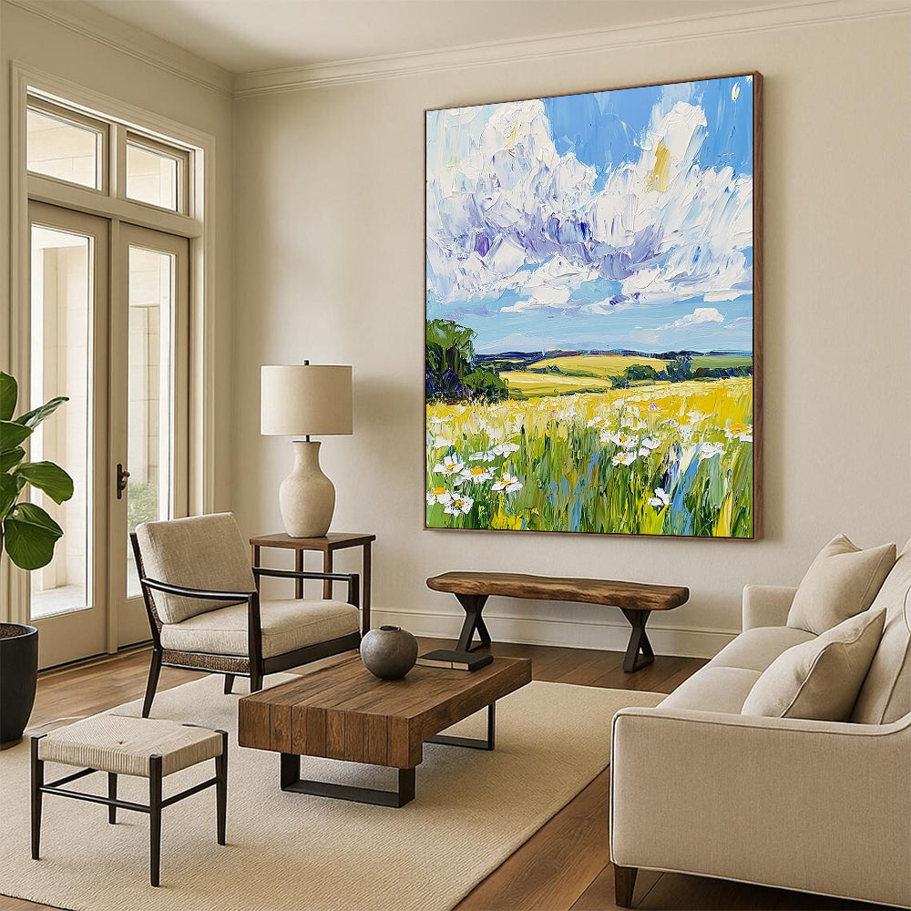 Contemporary abstract painting features vibrant fields and daisies under a blue sky, showcasing dynamic impasto brush strokes in a captivating landscape. DLZ1286