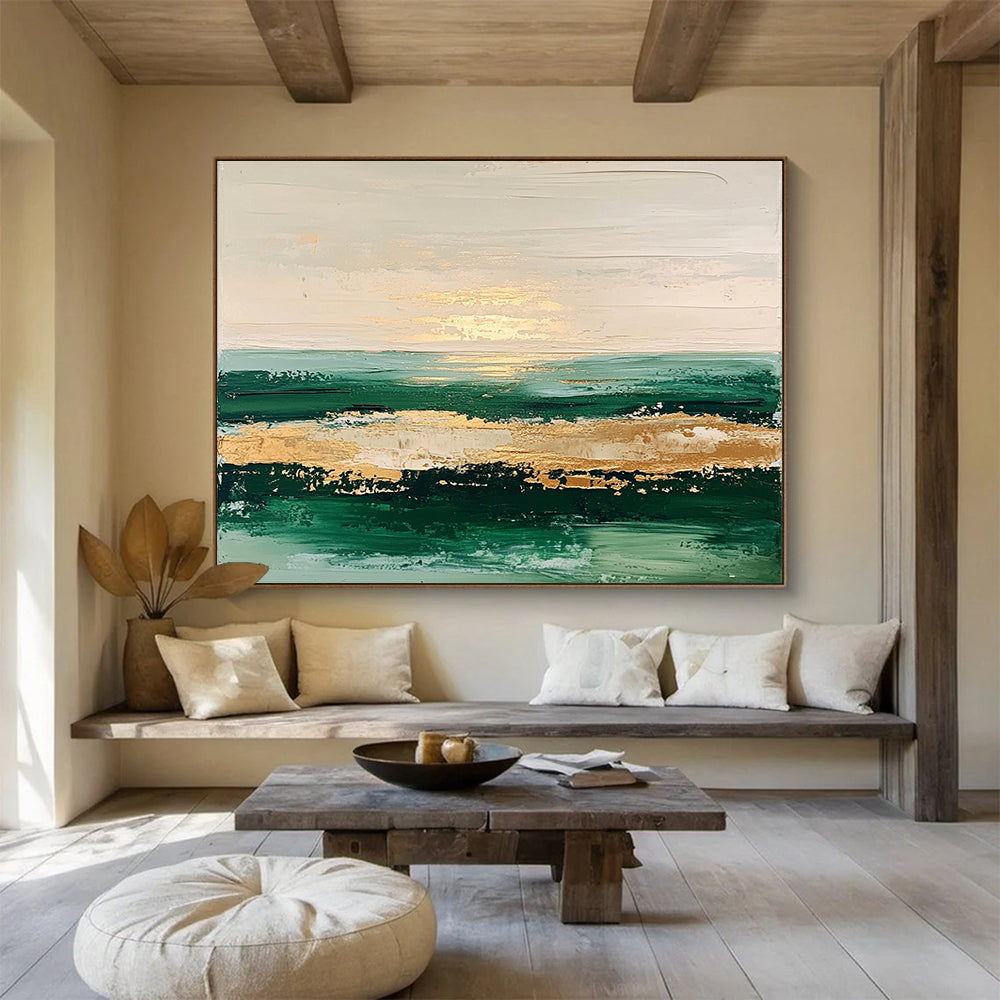 “Golden Sunset Seaview” - Green, Gold, Beige, Abstract Coastal Sunset Painting On Canvas HB1086