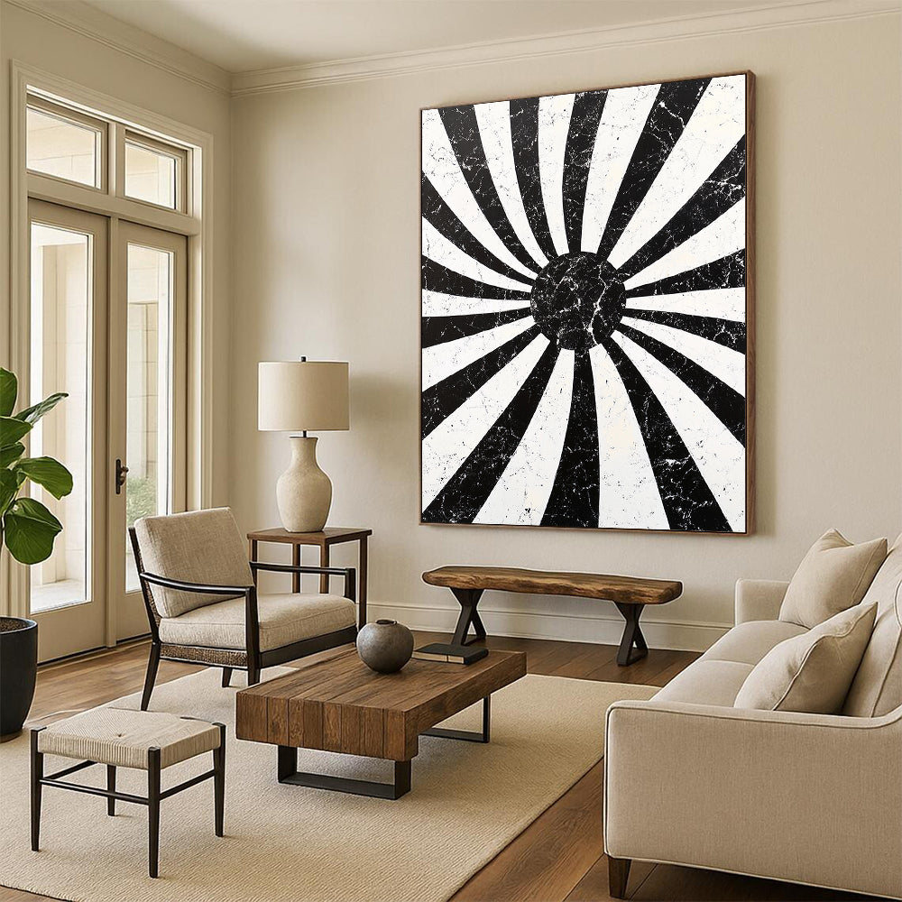 Black, White, Radial Stripes "Marbled Sunburst Radials" Abstract Geometric Painting On Canvas HB178