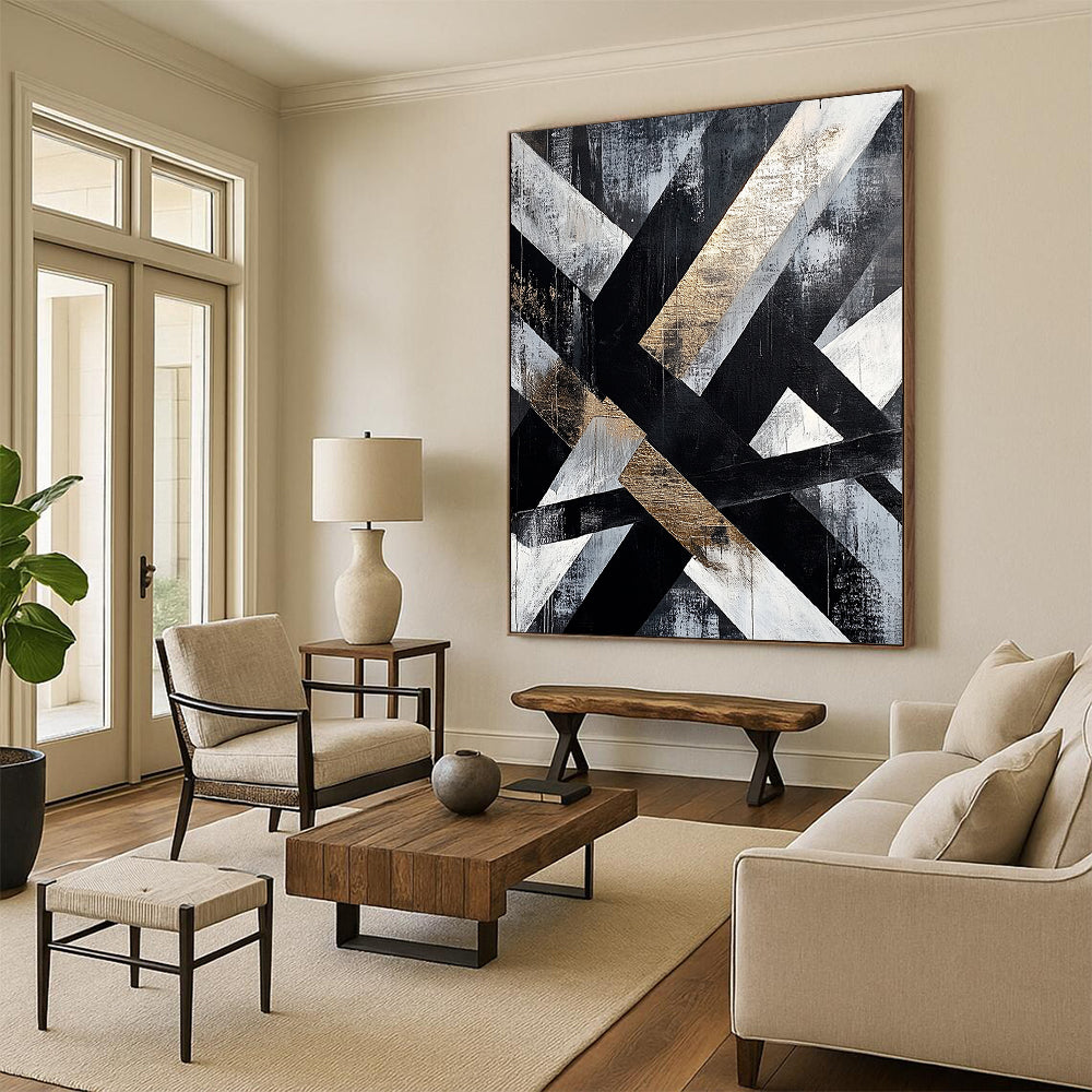 Gray, Black, White, Gold, Intertwined Stripes "Gilded Weave" Abstract Modernist Painting On Canvas HB078