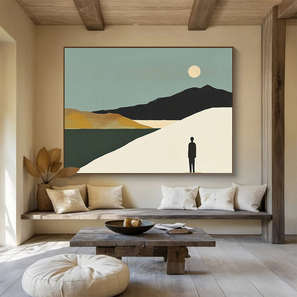 “Figure in Moonlit Landscape” - Teal sky, black mountains, white dune, Modern Landscape Painting On Canvas HB0607