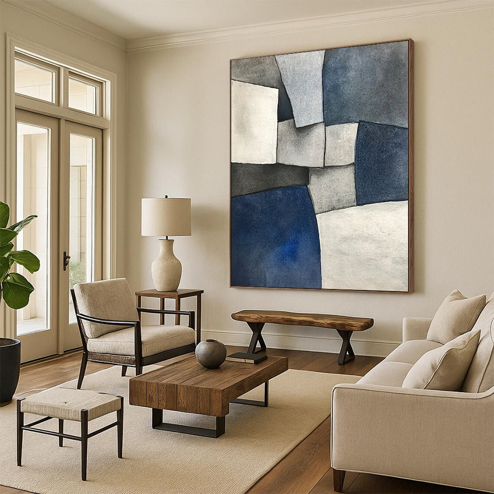 Contemporary abstract painting features deconstructed tailoring in gray blue and white shapes inspired by cubism with a low-angle perspective and subtle tonal values. DLZ0813