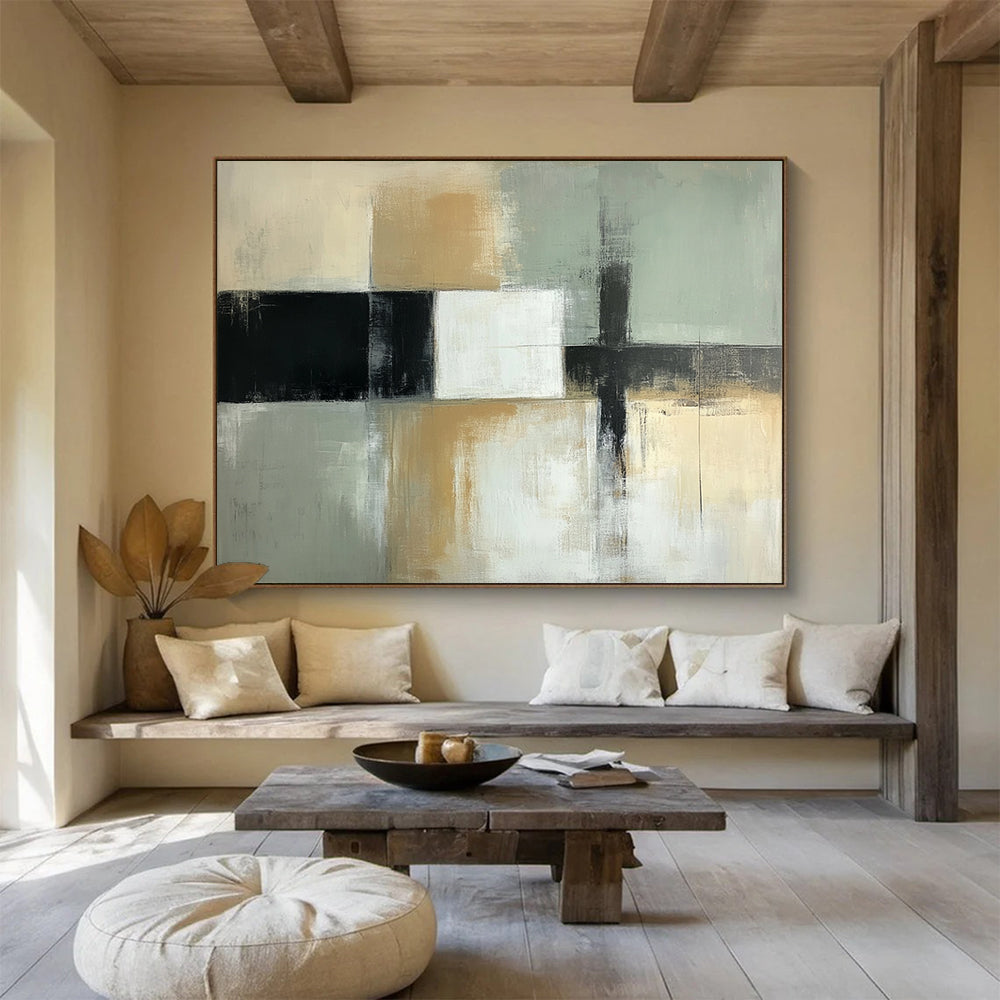 “Subtle Geometric Abstract” - Beige, gray, white, black; Geometric abstract with soft color transitions; Acrylic Painting On Canvas HB1258
