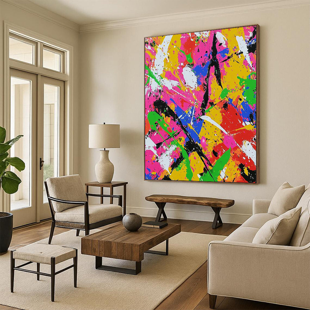 Dynamic contemporary abstract art featuring chaotic splatter in neon colors with bold brushstrokes evokes joy and energy for vibrant spaces. DLZ1256