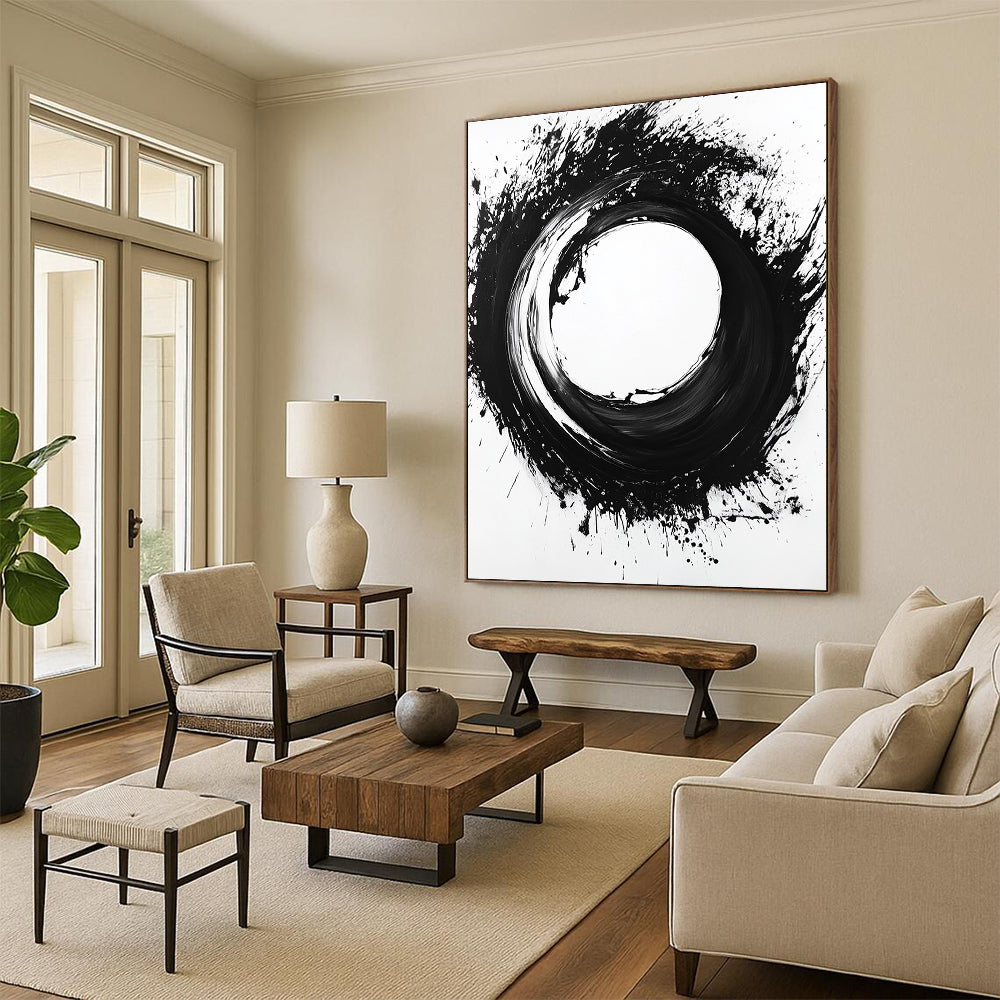 Black Circular Brushstroke on White - “Zen Enso Abstraction” Painting On Canvas HB215