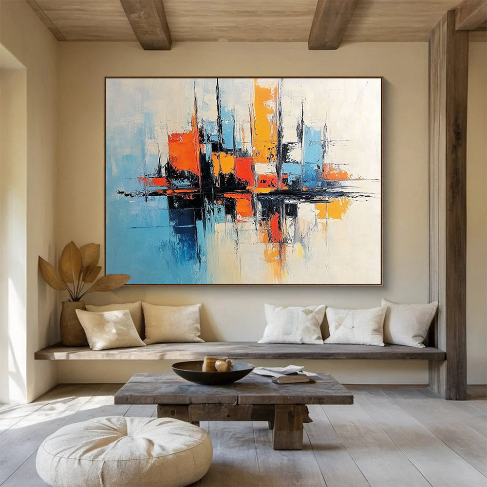 “Minimalist City Abstraction” - Blue, Orange, White, Abstract City Forms Painting On Canvas HB0987