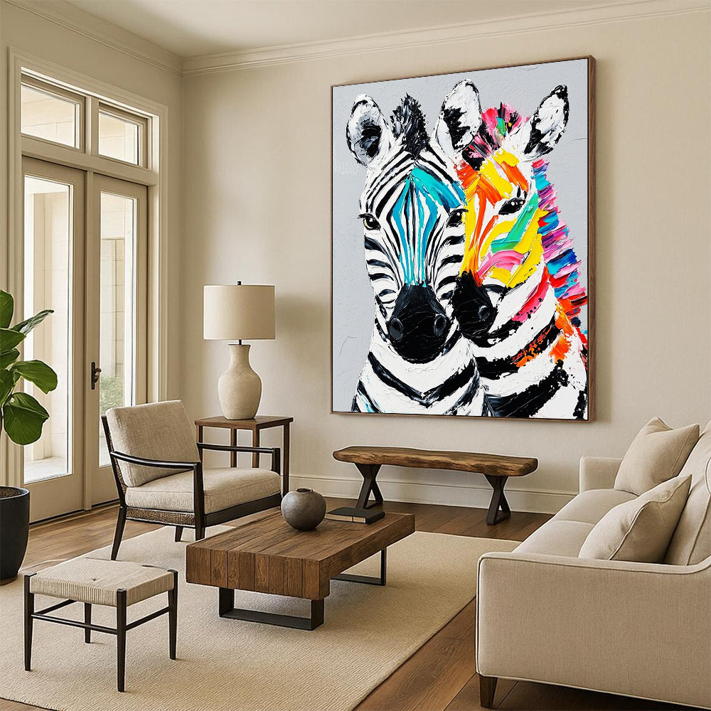 Contemporary hand-painted abstract artwork featuring two vibrant zebra heads with textured fur details against a gray background. DLZ1231