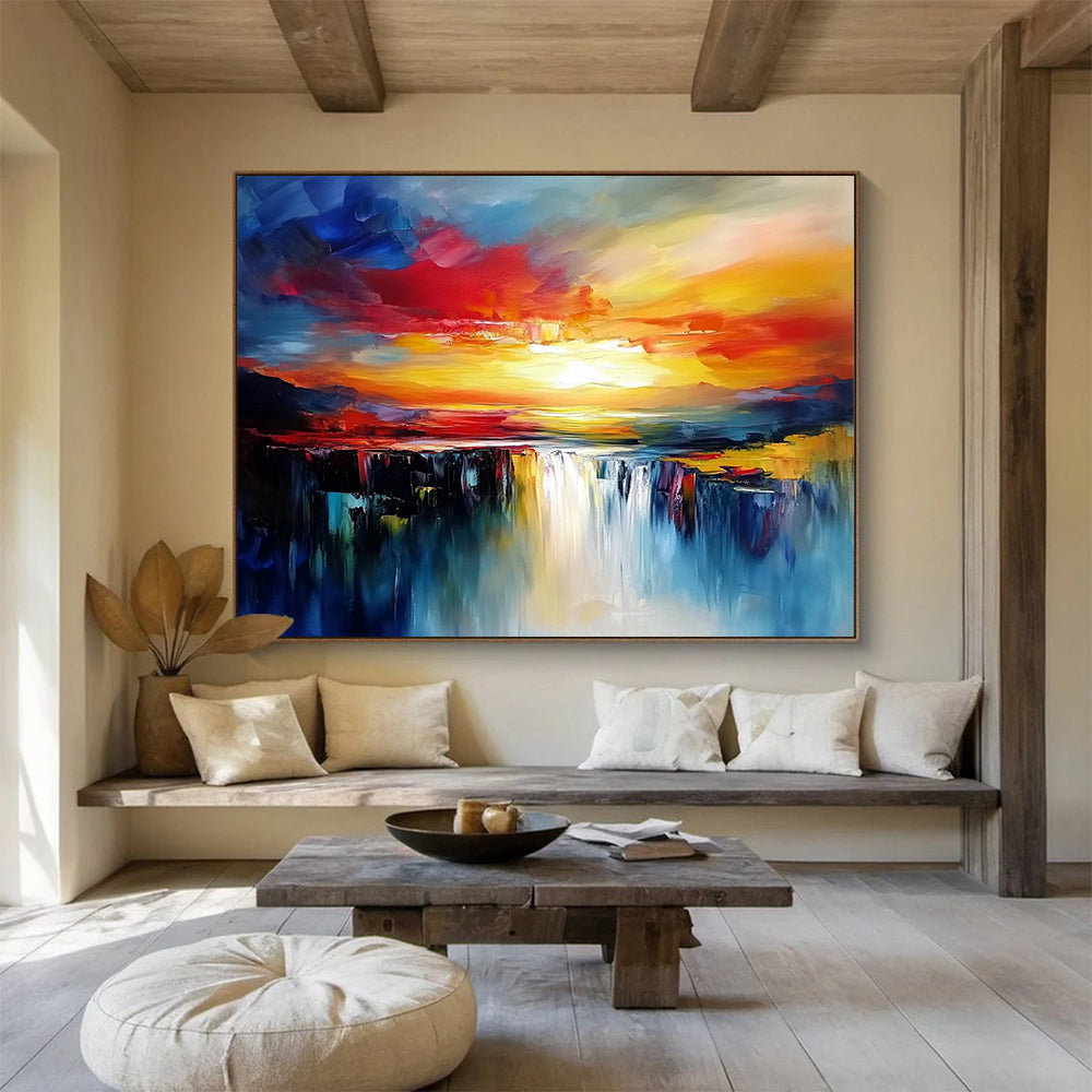 Vibrant Sunset Waterfall in Bold Colors - Expressive Abstract Landscape Painting On Canvas HB0437