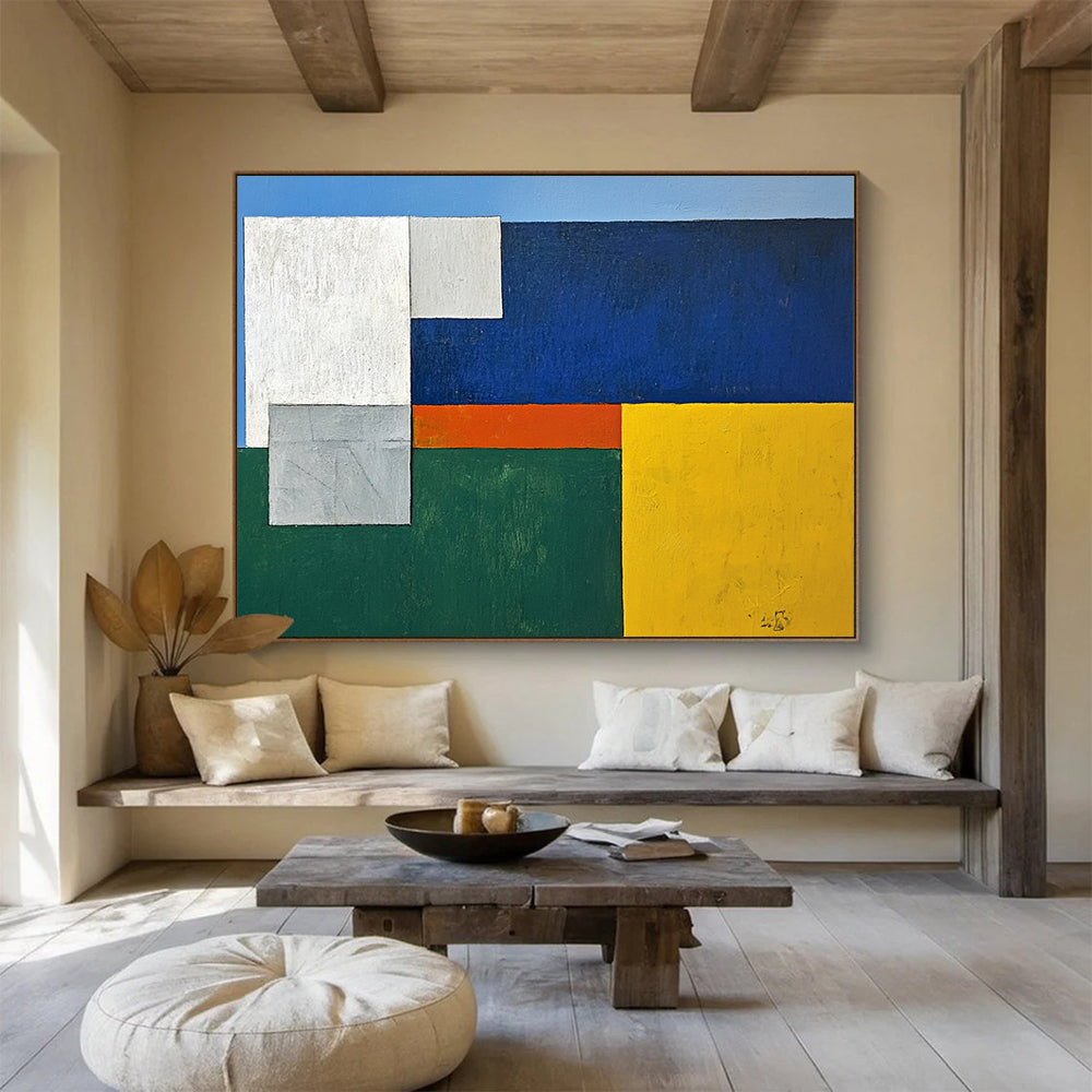 “Geometric Harmony” - Blue, White, Gray, Orange, Green, Color - Blocked Squares Painting On Canvas HB1050