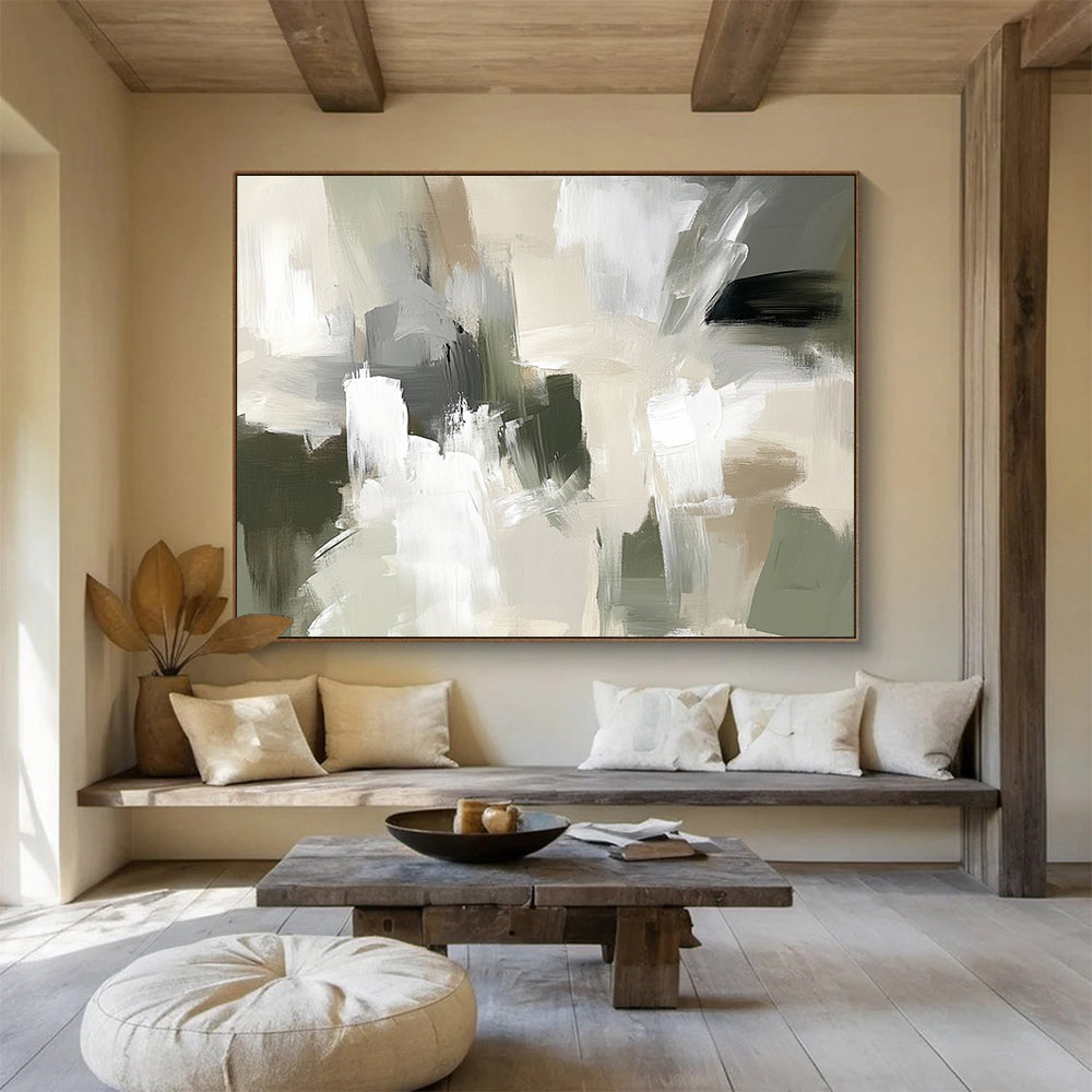 “Neutral Abstract Composition” - Beige, gray, white, green; Abstract composition with soft brushstrokes; Acrylic Painting On Canvas HB1267
