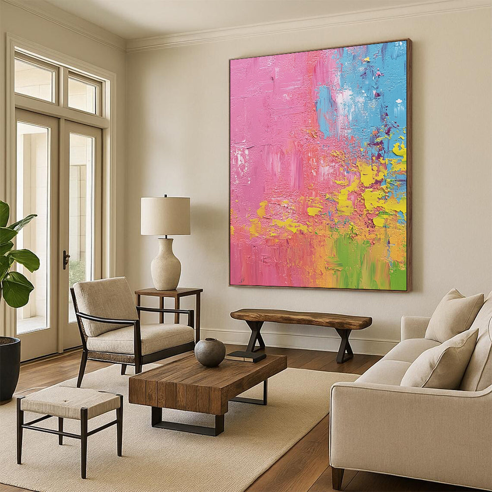 Contemporary hand-painted abstract artwork featuring pink lime green and blue highlights in a textured farmhouse scene that captures the essence of springtime. DLZ0783