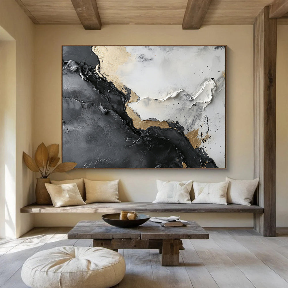 Textured Gray, Black, and Gold Abstract - Luxe Impasto Painting On Canvas HB0494