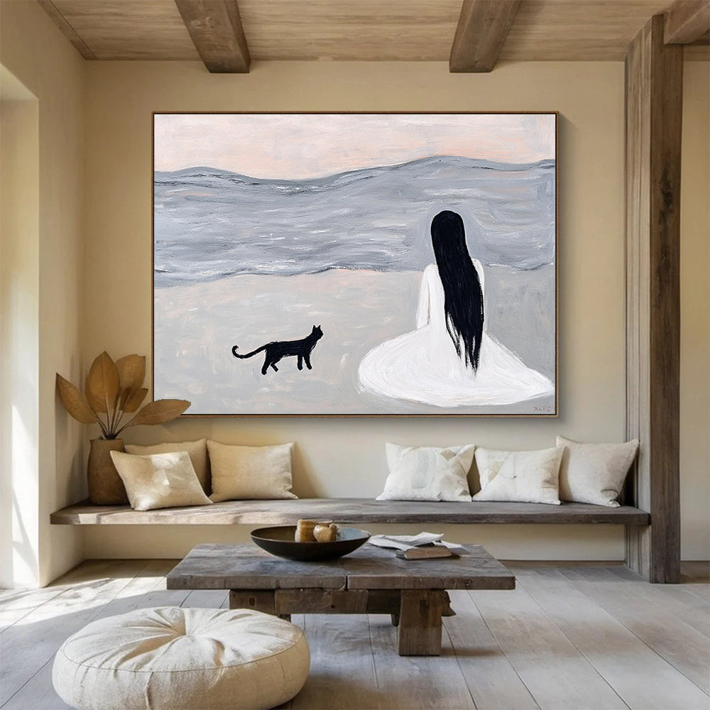 “Woman and Cat by the Sea” - A woman and a black cat sitting by the sea, Minimalist Figurative Painting On Canvas HB0554