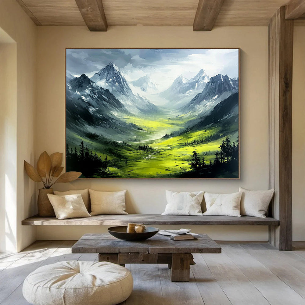 “Mountain Valley Dream” - Green, gray, mountain valley, Landscape Painting On Canvas HB0561