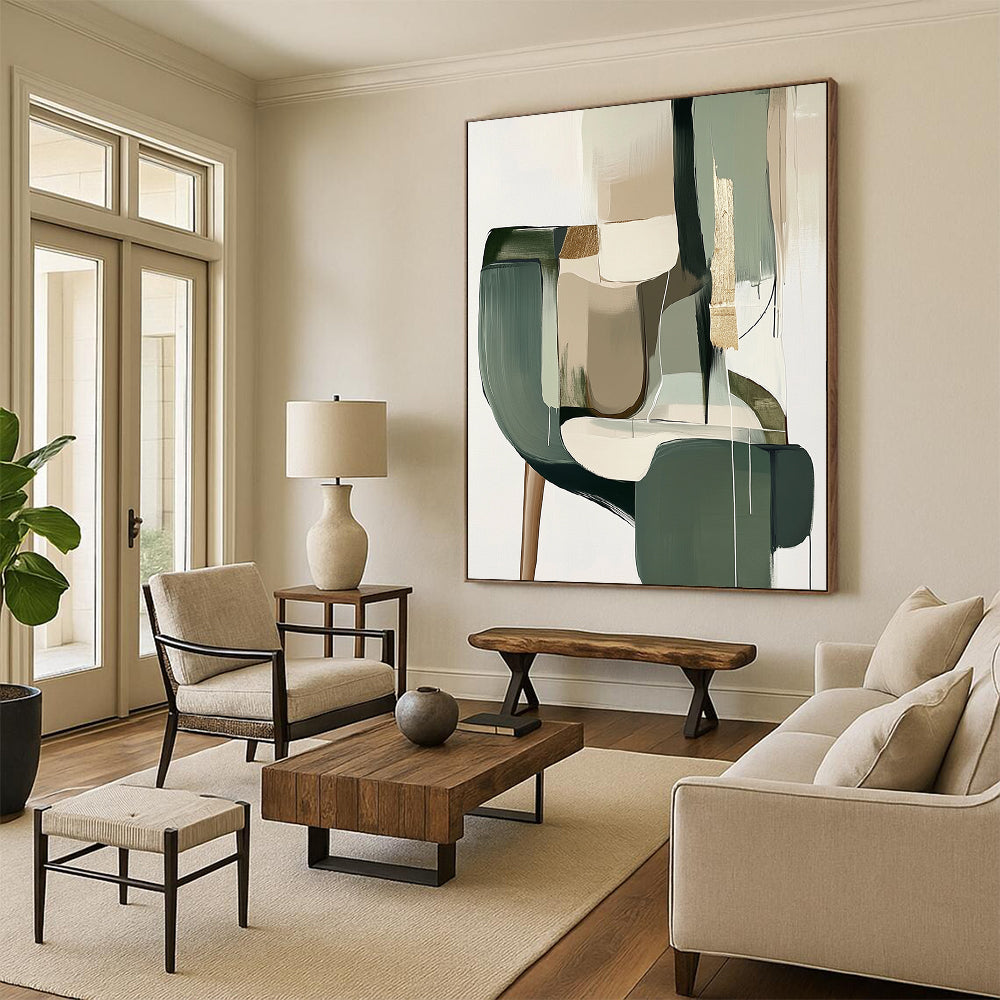 Contemporary hand-painted abstract artwork features muted sage green and neutral tones with gold foil accents and geometric shapes in a minimalistic Japandi style. DLZ0512